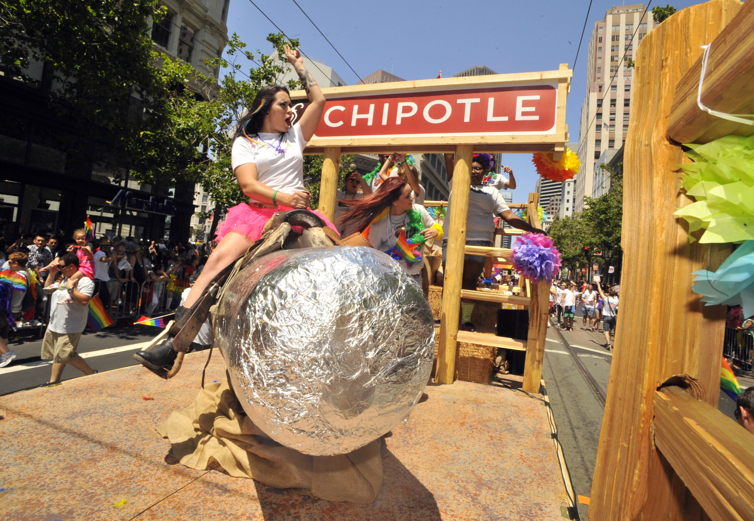 Parade float Chipotle buckin burrito - live